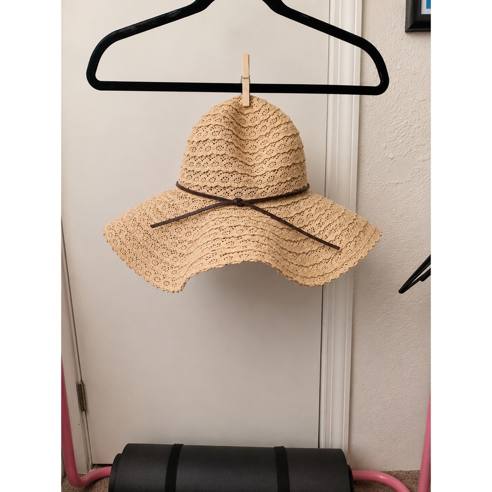 Woven Straw Wide Brim Floppy Sun Hat Tan Crochet Eyelet Beach Hat with Brown Bow